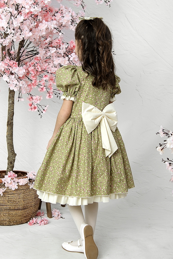 BAHAR - Green Flower Baby Girl Dress With Hair Accessory