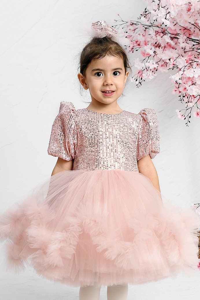 DERYA - Powder Sequin Exlusive Girl Dress With Hair Accessory