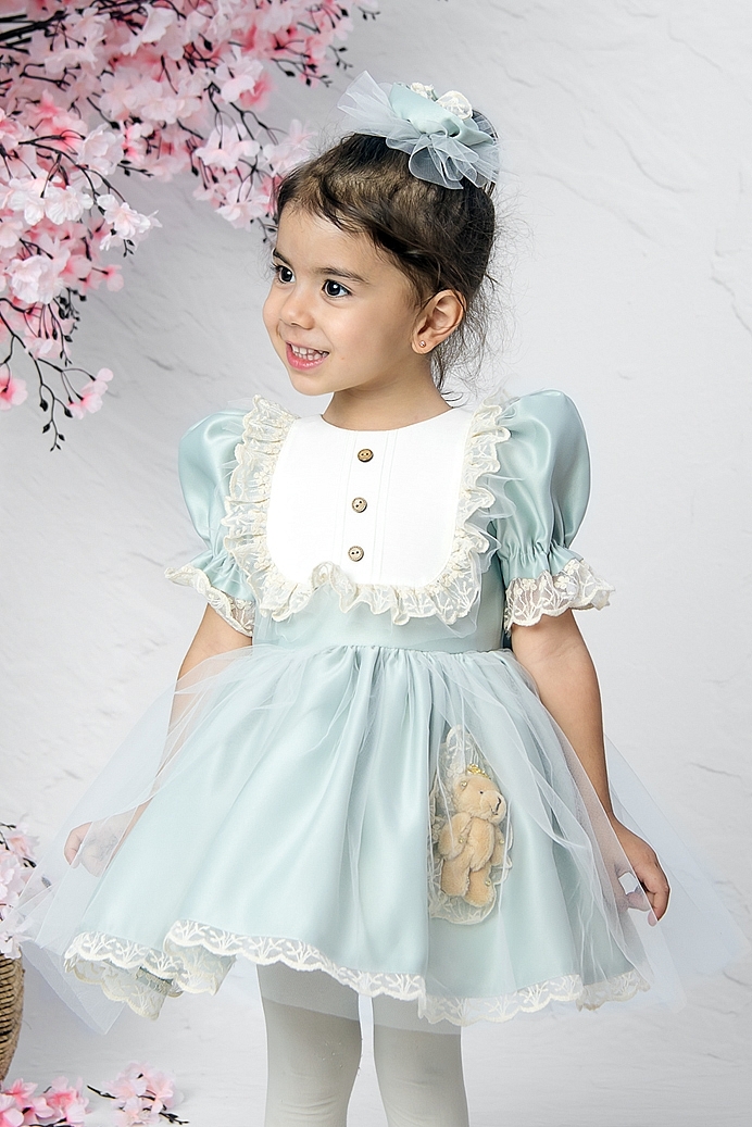 IPEK - Teddy Bear Green Baby Girl Dress With Hair Accessory